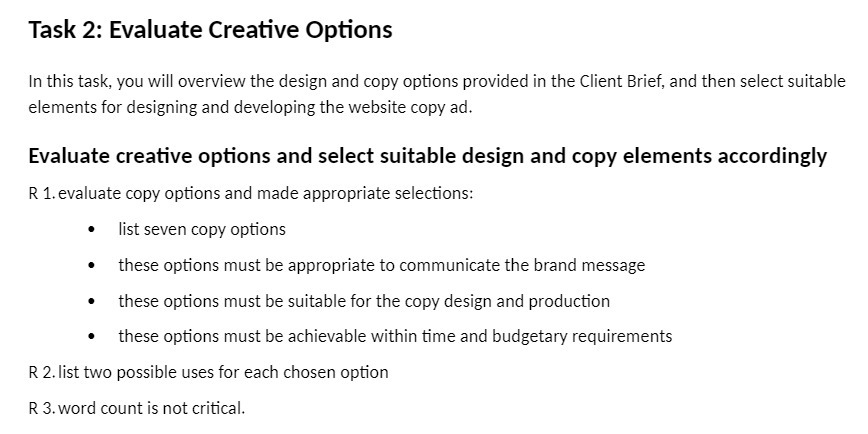  Task 2: Evaluate Creative Options In this task, you will overview
