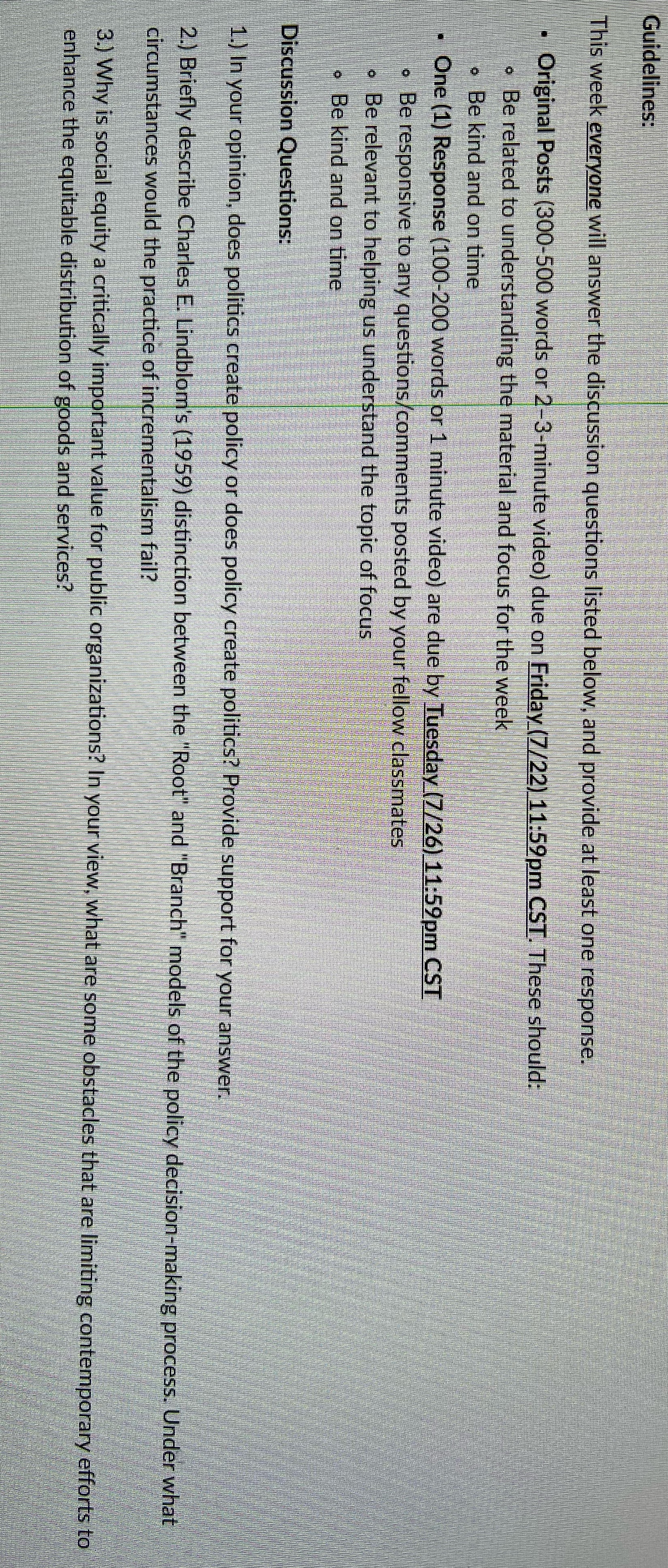 Guidelines: This week everyone will answer the discussion questions listed below,