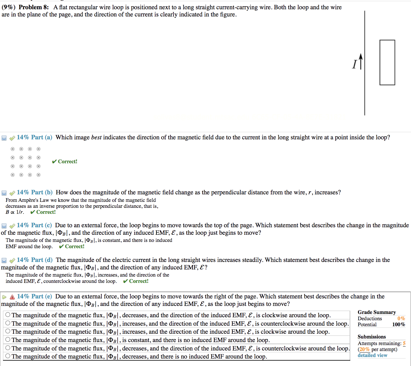 Please explain part e (9%) Problem 8: A flat rectangular wire loop