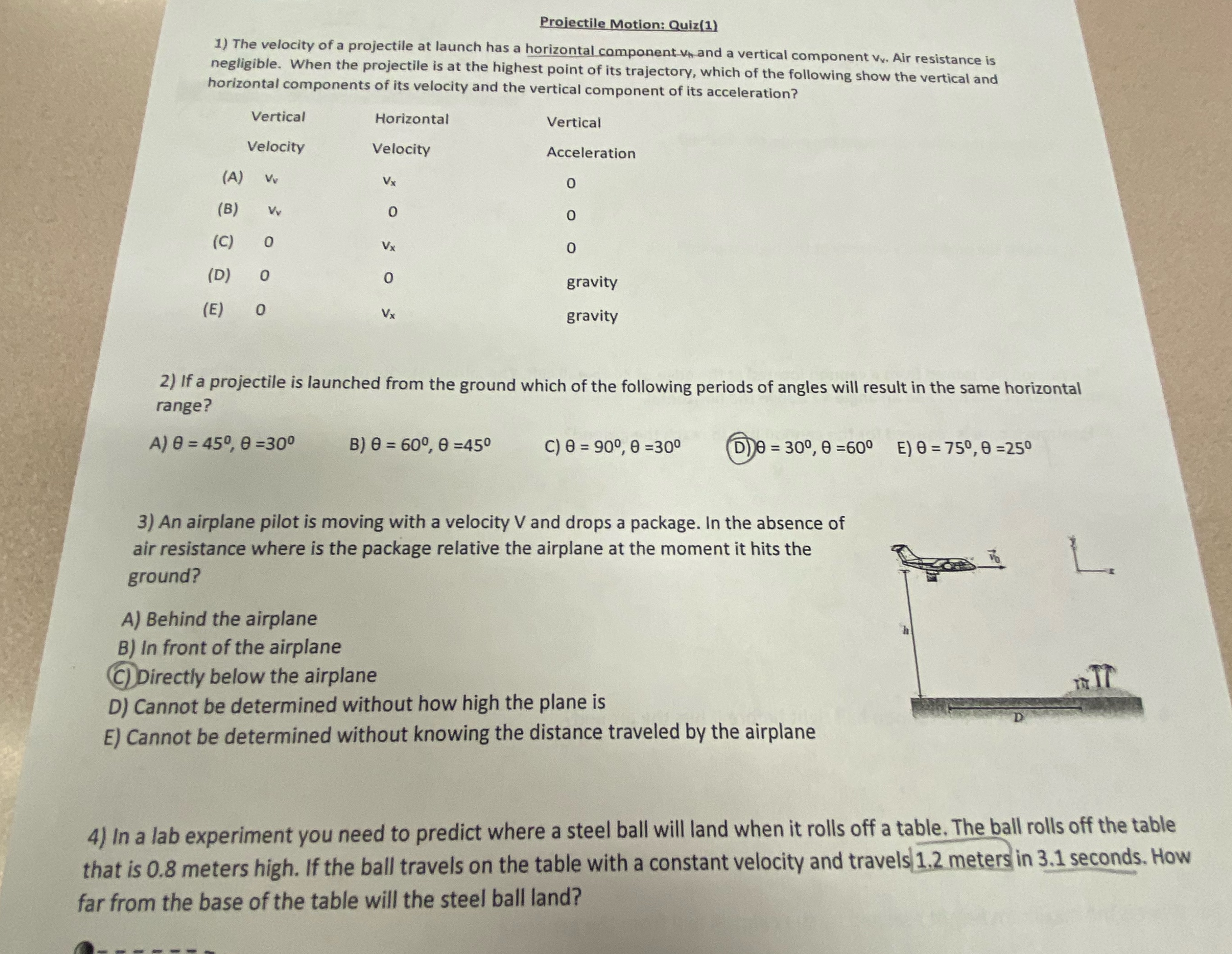 Please show work (4 only) Projectile Motion: Quiz(1) 1) The velocity of