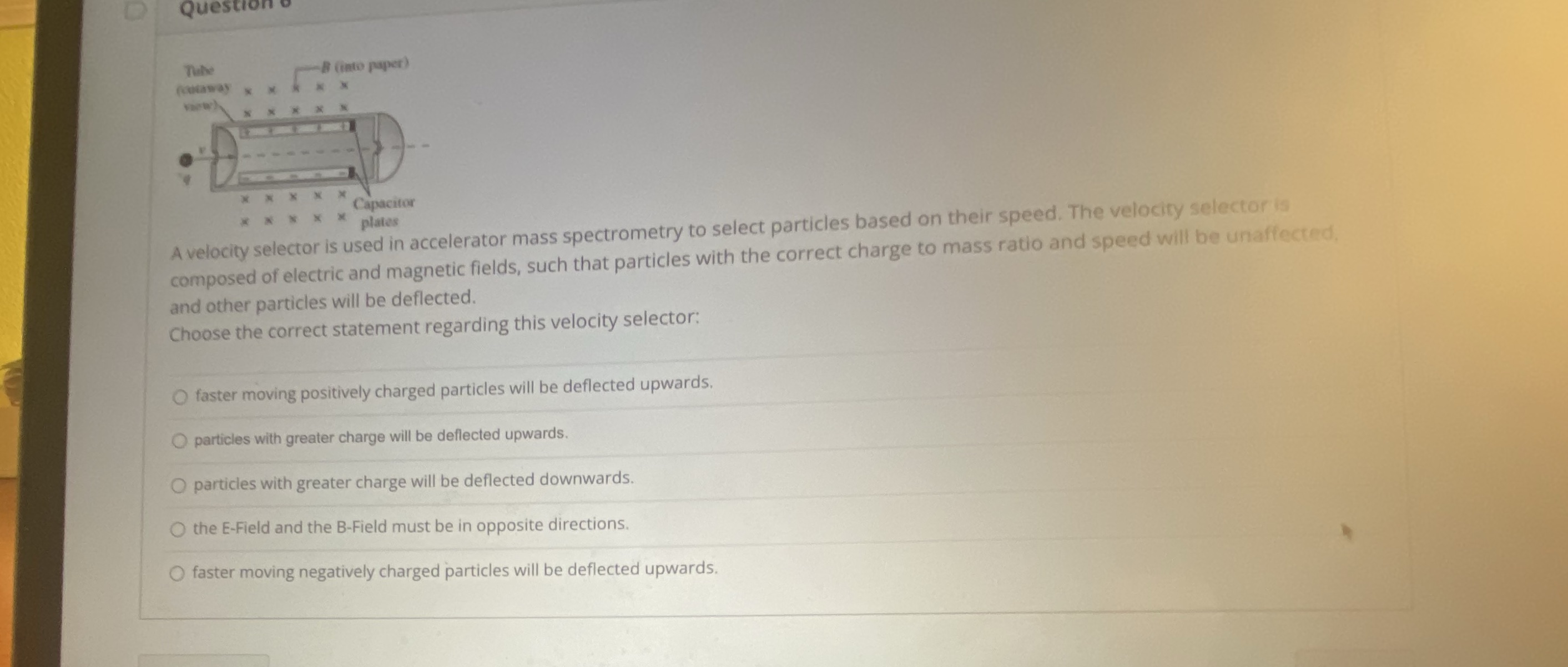  Question "# (into paper) Capacitor plates A velocity selector is used