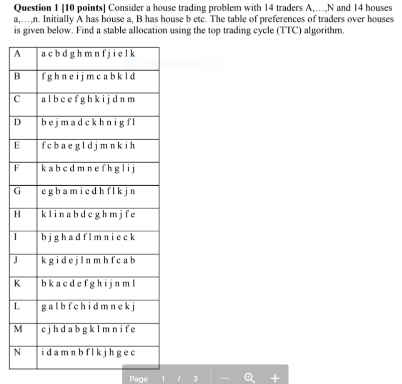 answer the following Question 1 [10 points] Consider a house trading problem