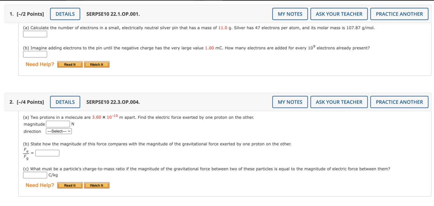 1. [-/2 Points] DETAILS SERPSE10 22.1.OP.001. MY NOTES ASK YOUR TEACHER