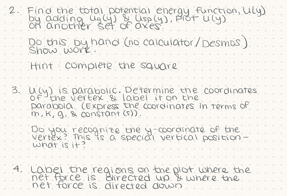  2. Find the total potential energy function, lily) by adding ugly)