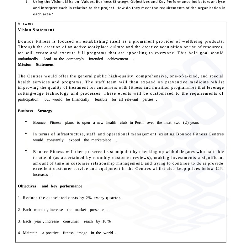  1. Using the Vision, Mission, Values, Business Strategy, Objectives and Key