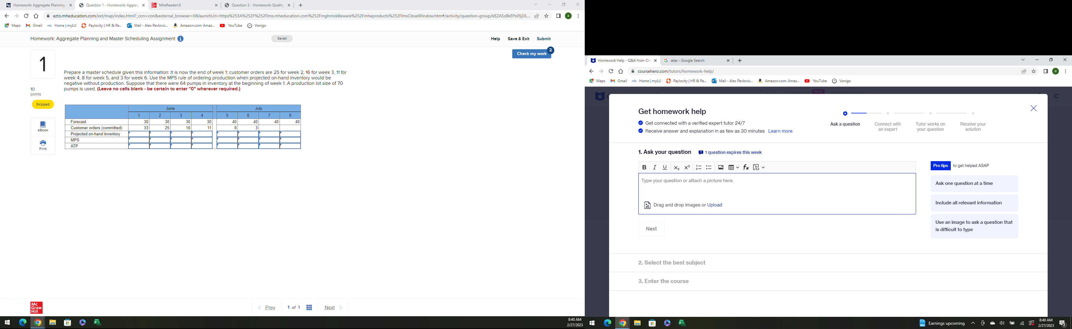 Lu Homework: Aggregate Planning x Question 1 - Hom MheReaderUI x