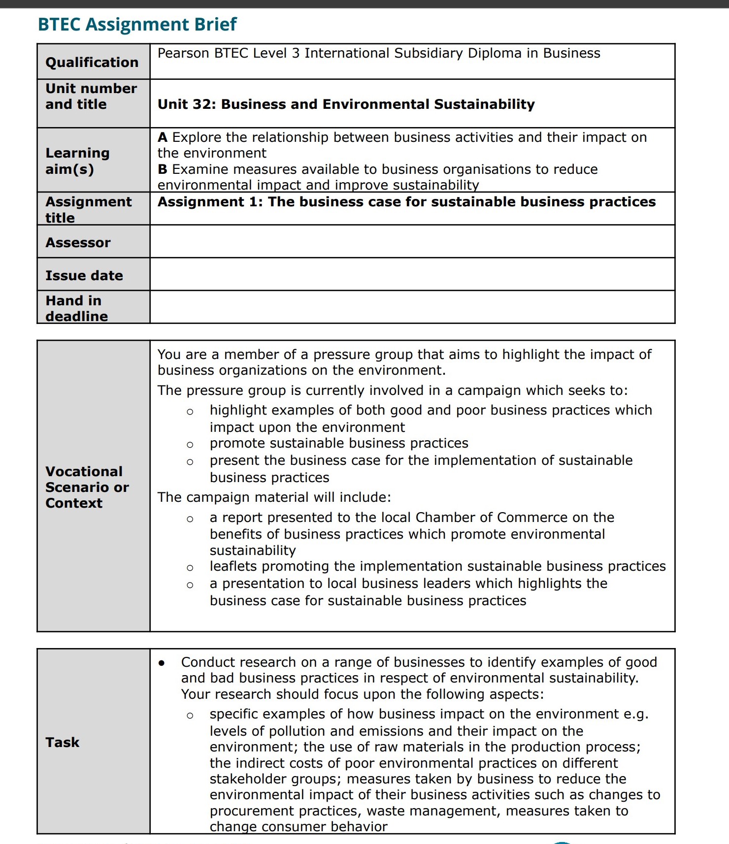 BTEC Assignment Brief Qualication Pearson BTEC Level 3 International Subsidiary Diploma