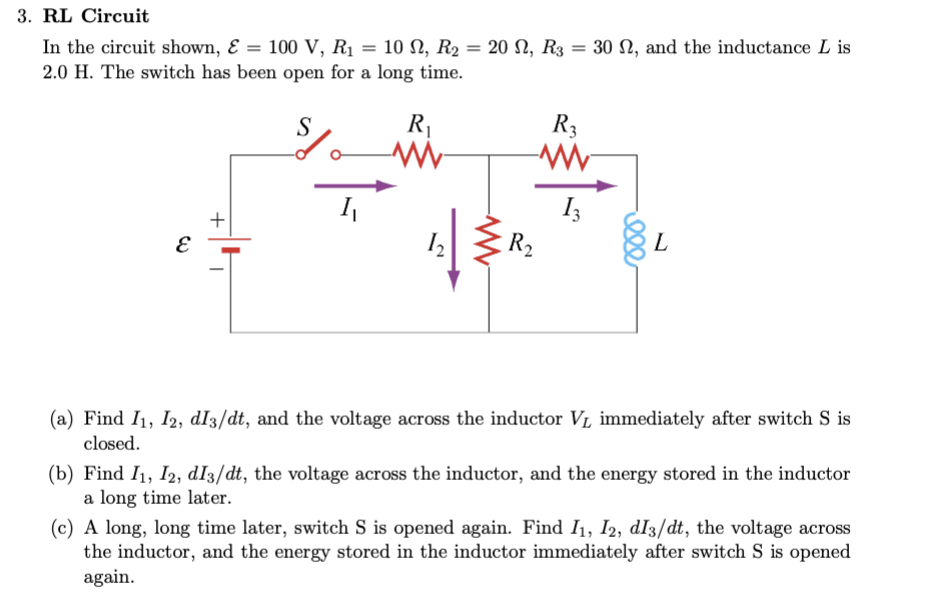 3. RL Circuit In the circuit shown, & = 100 V,