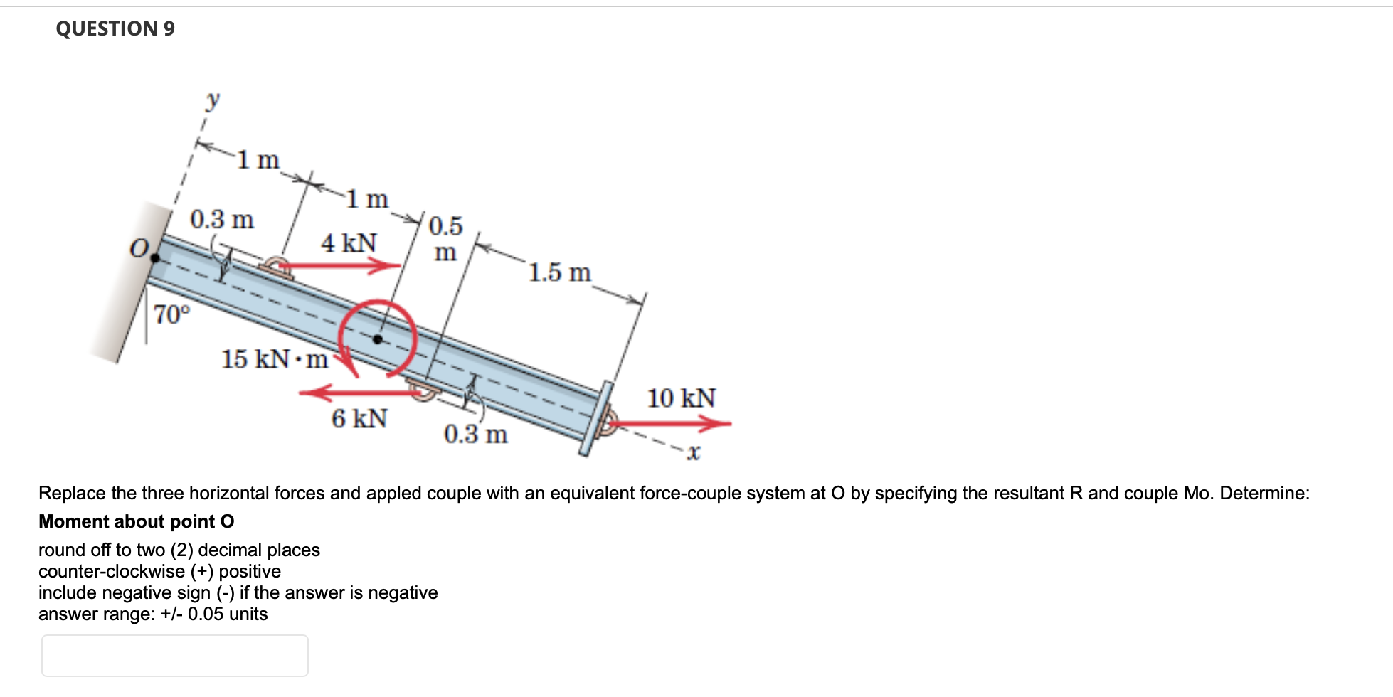  QUESTION 9 Replace the three horizontal forces and appled couple with
