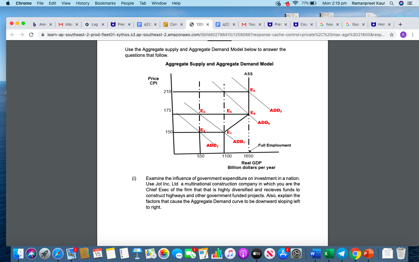 Use the Aggregate supply and Aggregate Demand Model below to answer the