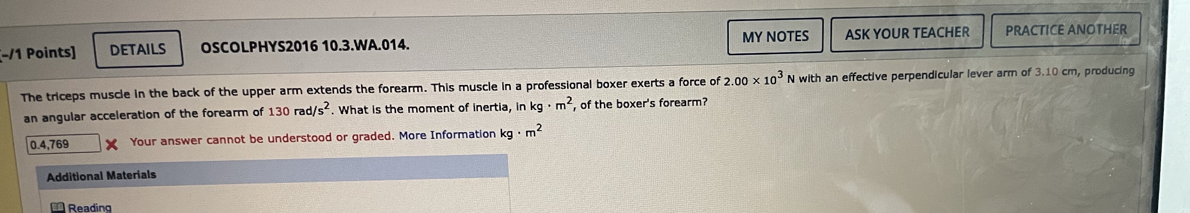 Physics question - help -/1 Points] DETAILS OSCOLPHYS2016 10.3.WA.014. MY NOTES ASK