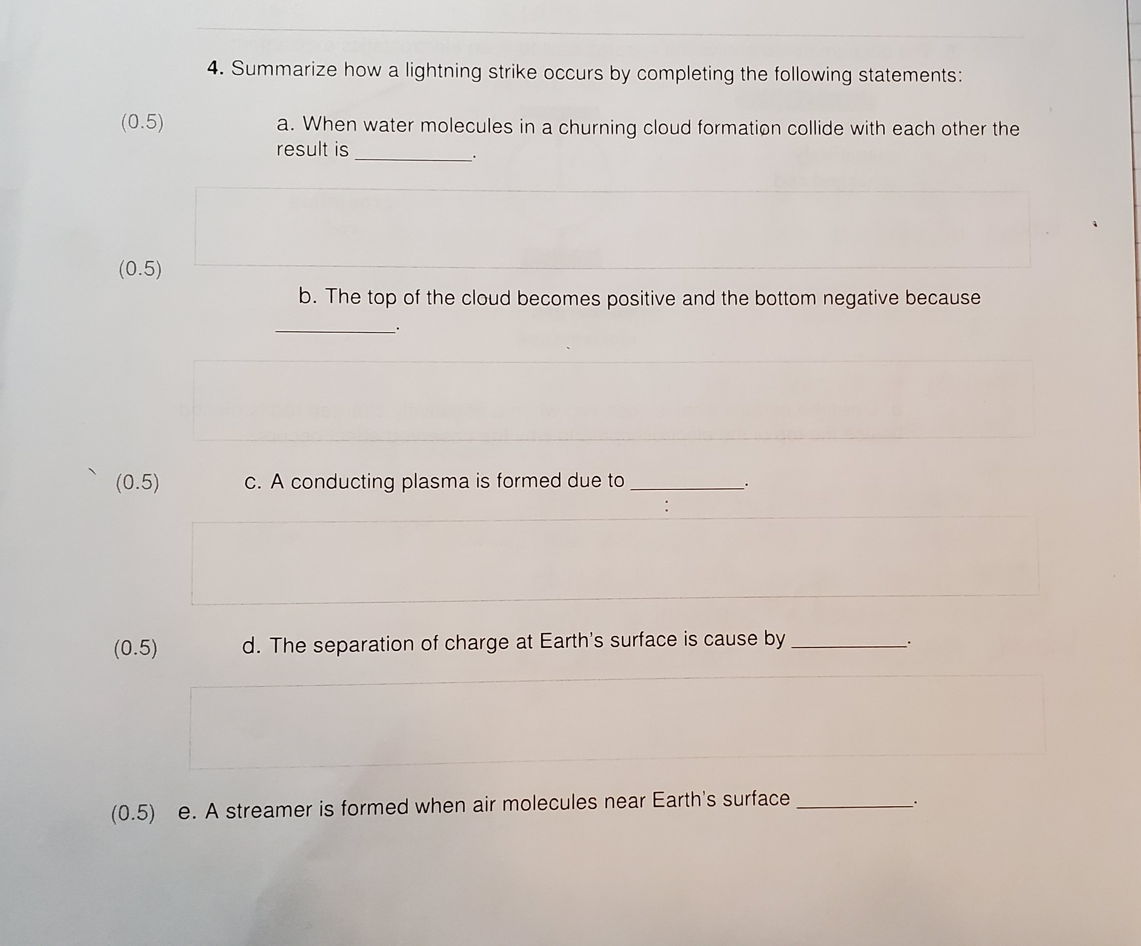 4. Summarize how a lightning strike occurs by completing the following