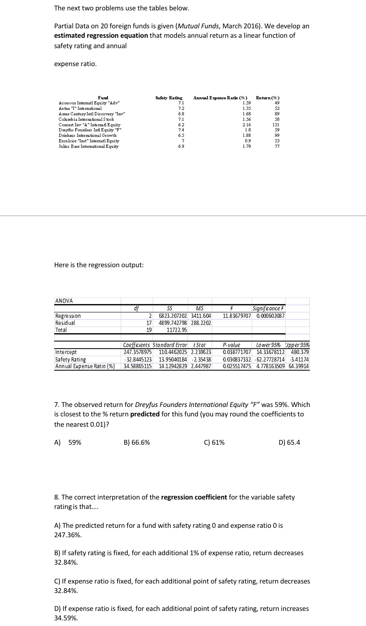  The next two problems use the tables below. Partial Data on