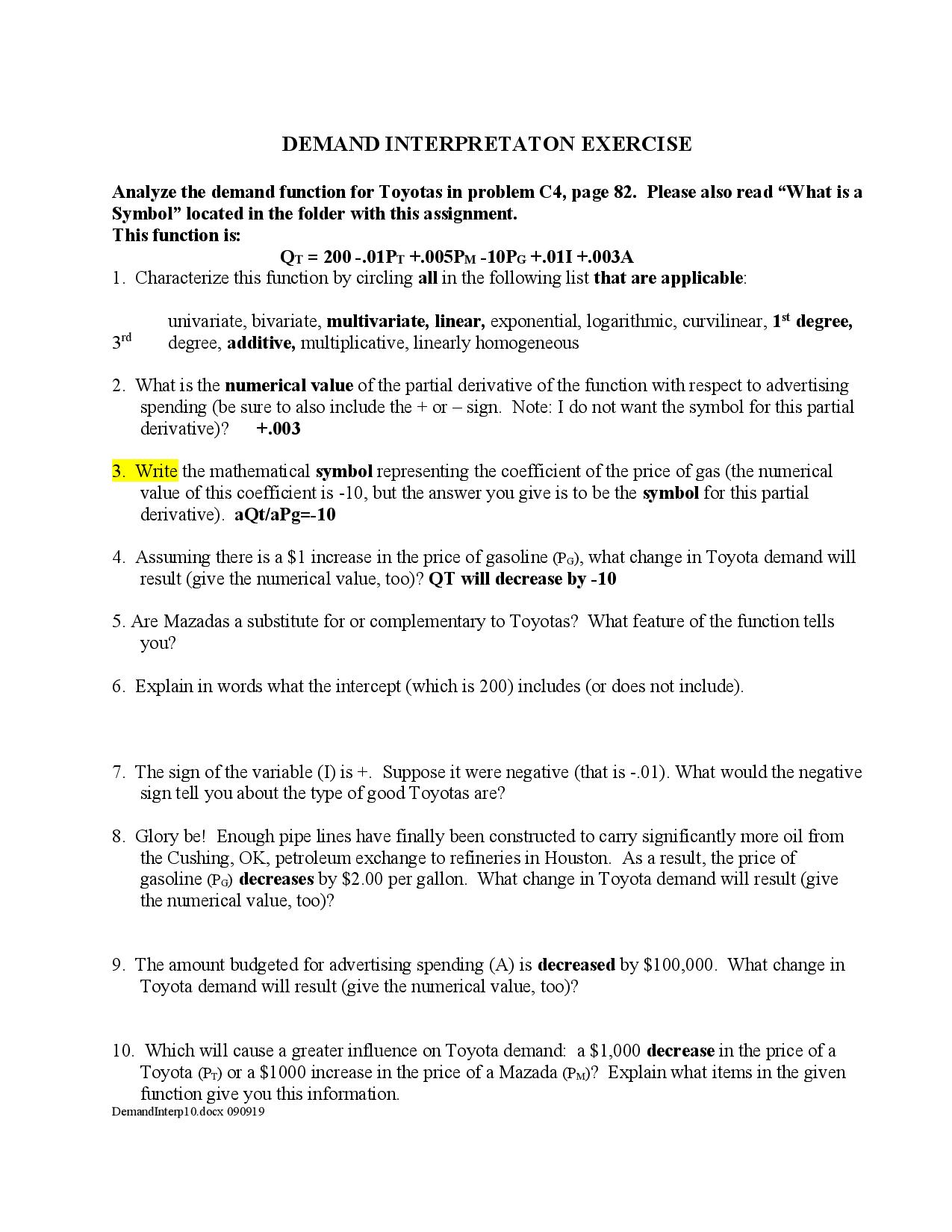 I need help with document questions. Please Explain. DEMAND INTERPRETAT ON EXERCISE