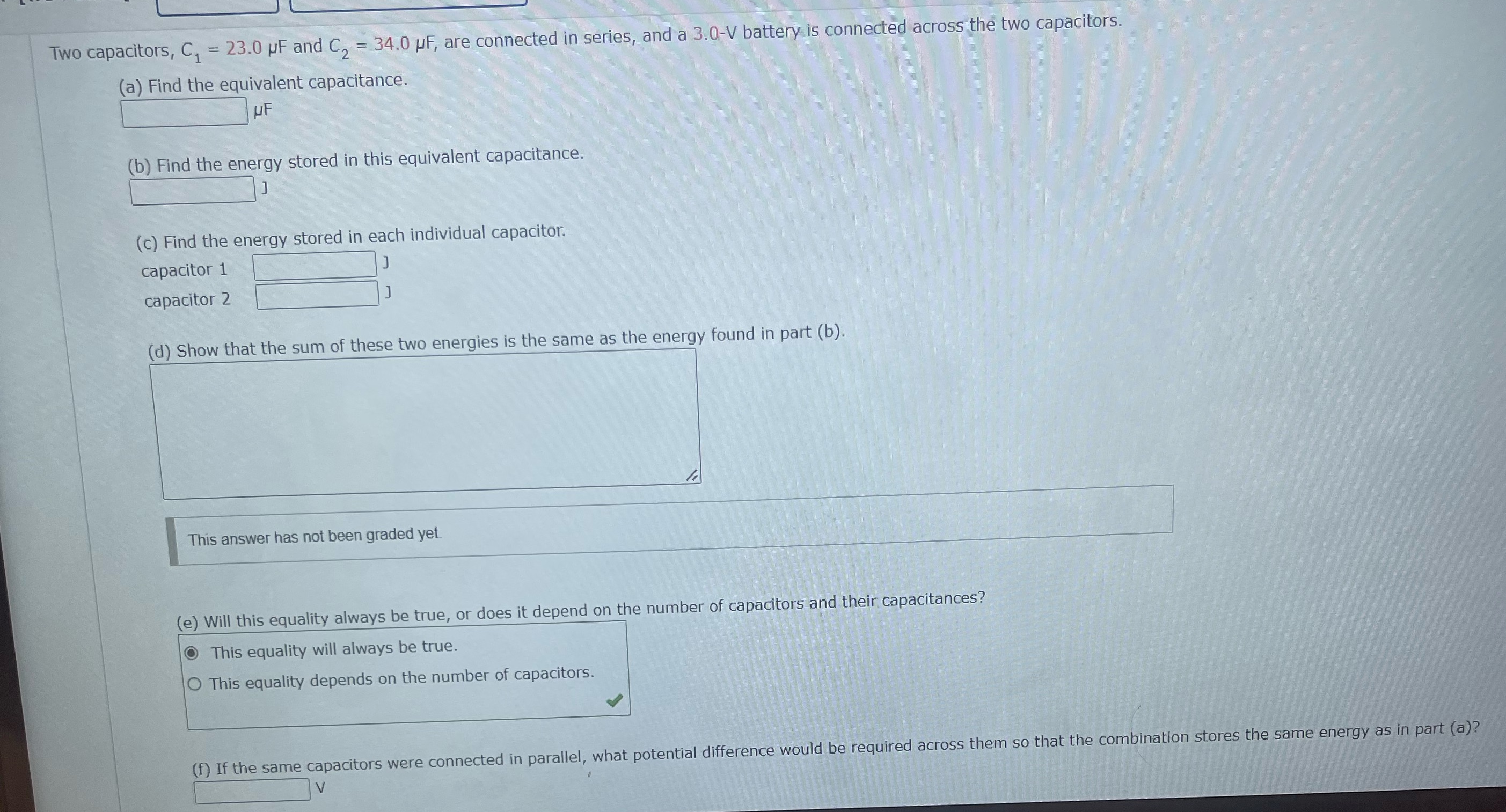 Two capacitors, C, = 23.0 HF and C, = 34.0 UF,