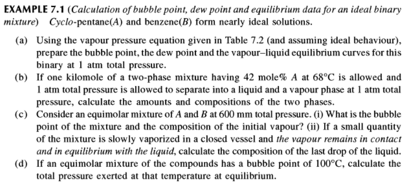 EXAMPLE 7.1 (Calculation of bubble point, dew point and equilibrium data