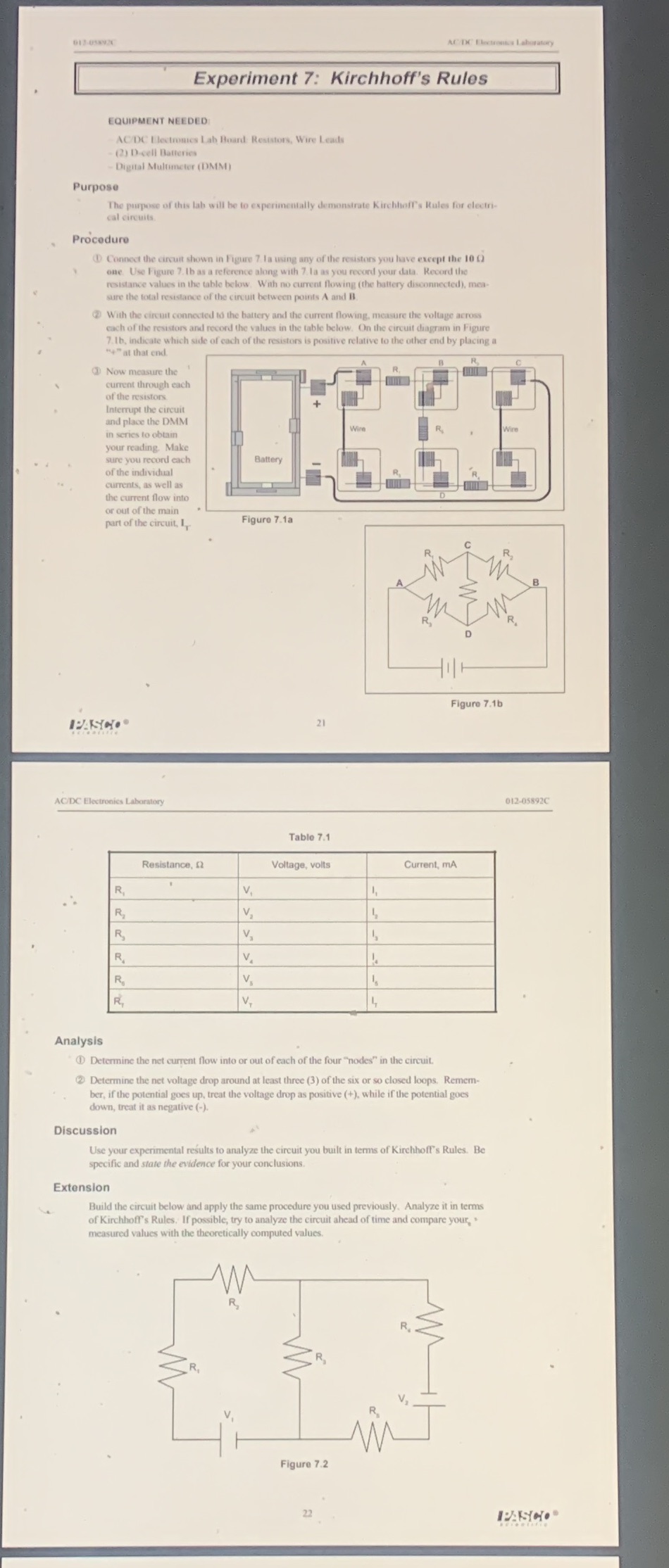 Reference; AC/DC ELECTRONICS LABORATORY MANUAL AC DC Electrons Laboratory Experiment 7: Kirchhoff's