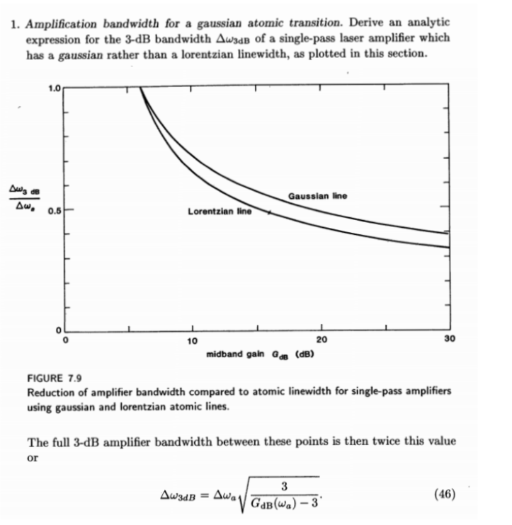  1. Amplification bandwidth for a gaussian atomic transition. Derive an analytic