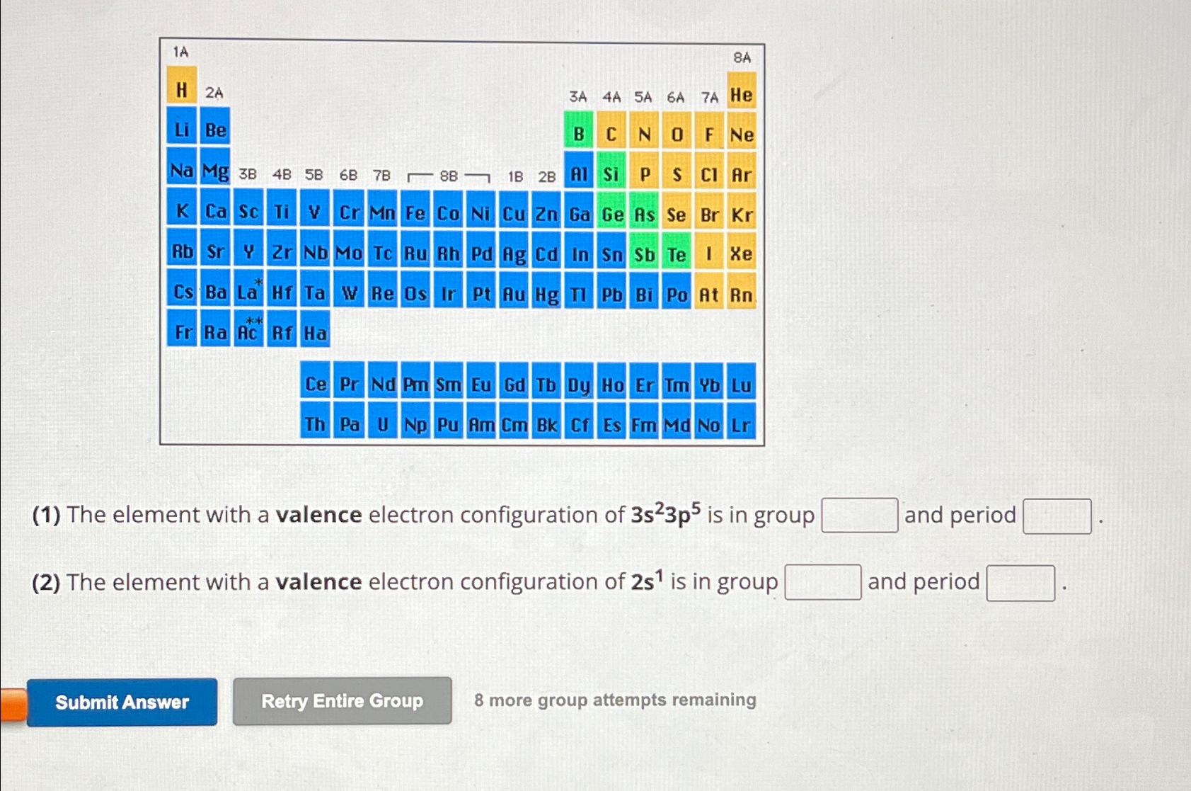  (1) The element with a valence electron configuration of 3s23p5 is