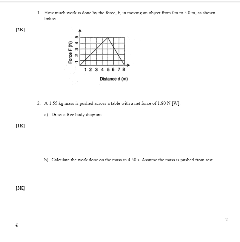1. How much work is done by the force, F, in