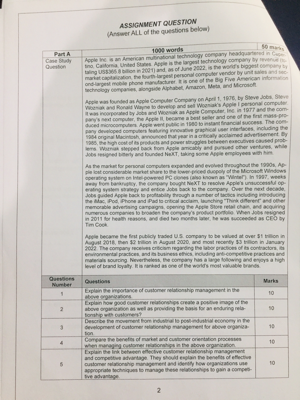  ASSIGNMENT QUESTION (Answer ALL of the questions below) 50 marks Part