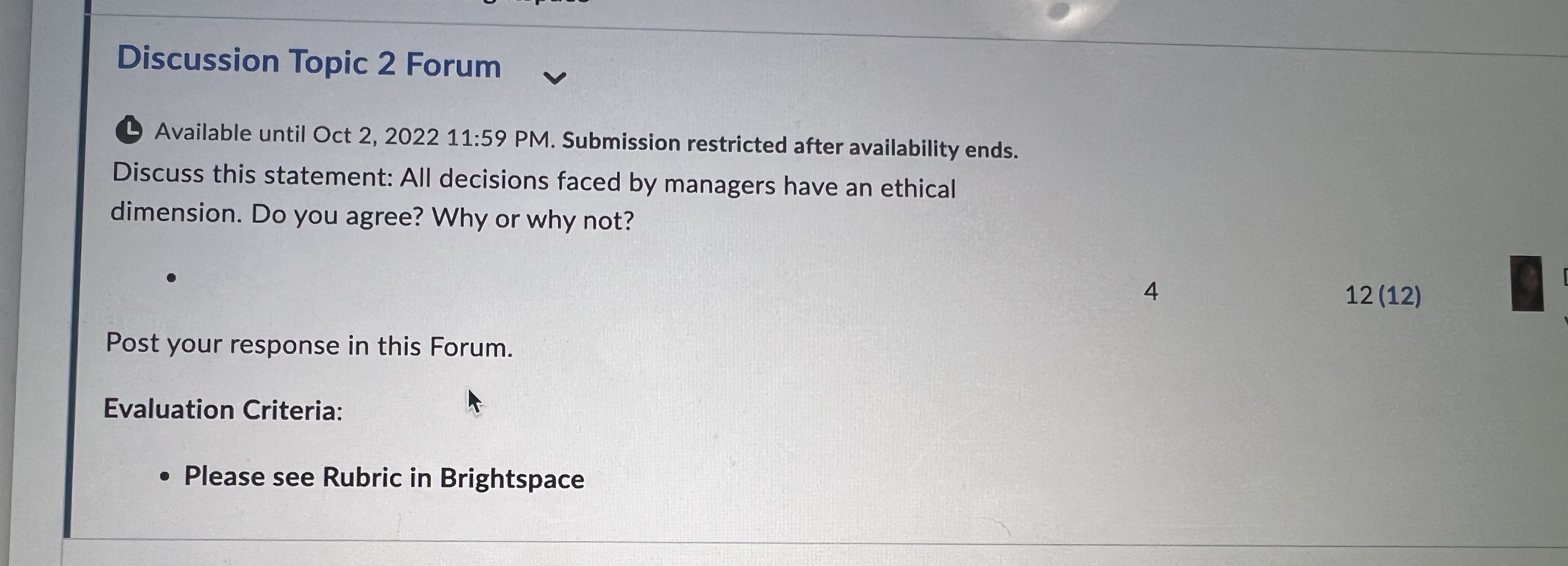 Discussion Topic 2 Forum v Available until Oct 2, 2022 11:59
