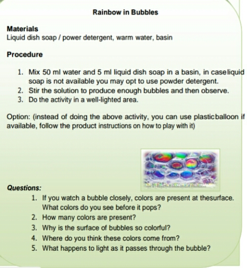 Rainbow in Bubbles Rainbow in Bubbles Materials Liquid dish soap / power