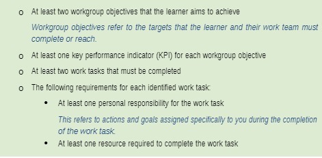  o At least two workgroup objectives that the learner aims to