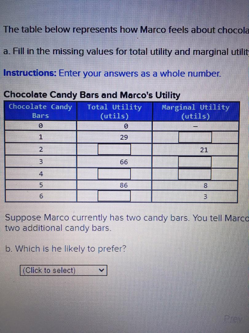 The table below represents how Marco feels about chocolate candy barsa. Fill