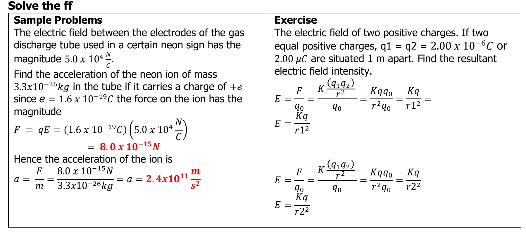  Solve the ff Exercise Sample Problems The electric eld between the