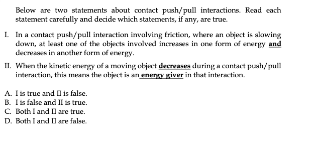 please help answer this! II. FIE-F\"? Below are two statements about contact