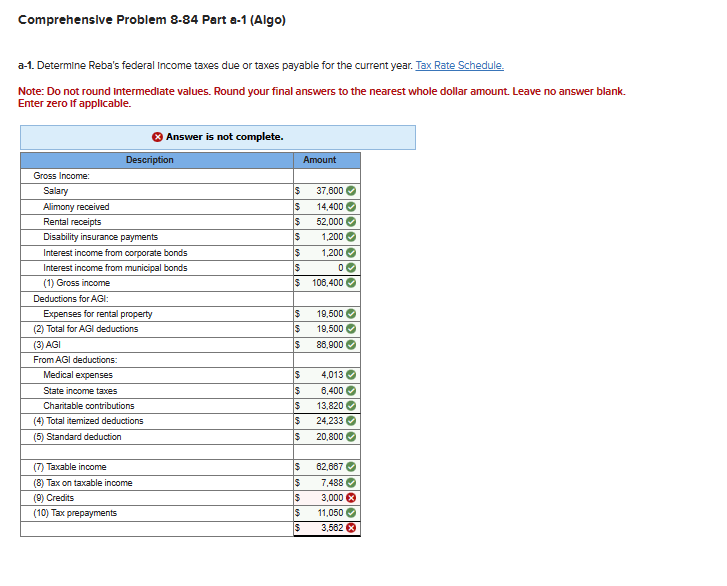  Comprehenslve Problem 8-84 Part a-1(Algo) a-1. Determine Reba's federal Income taxes