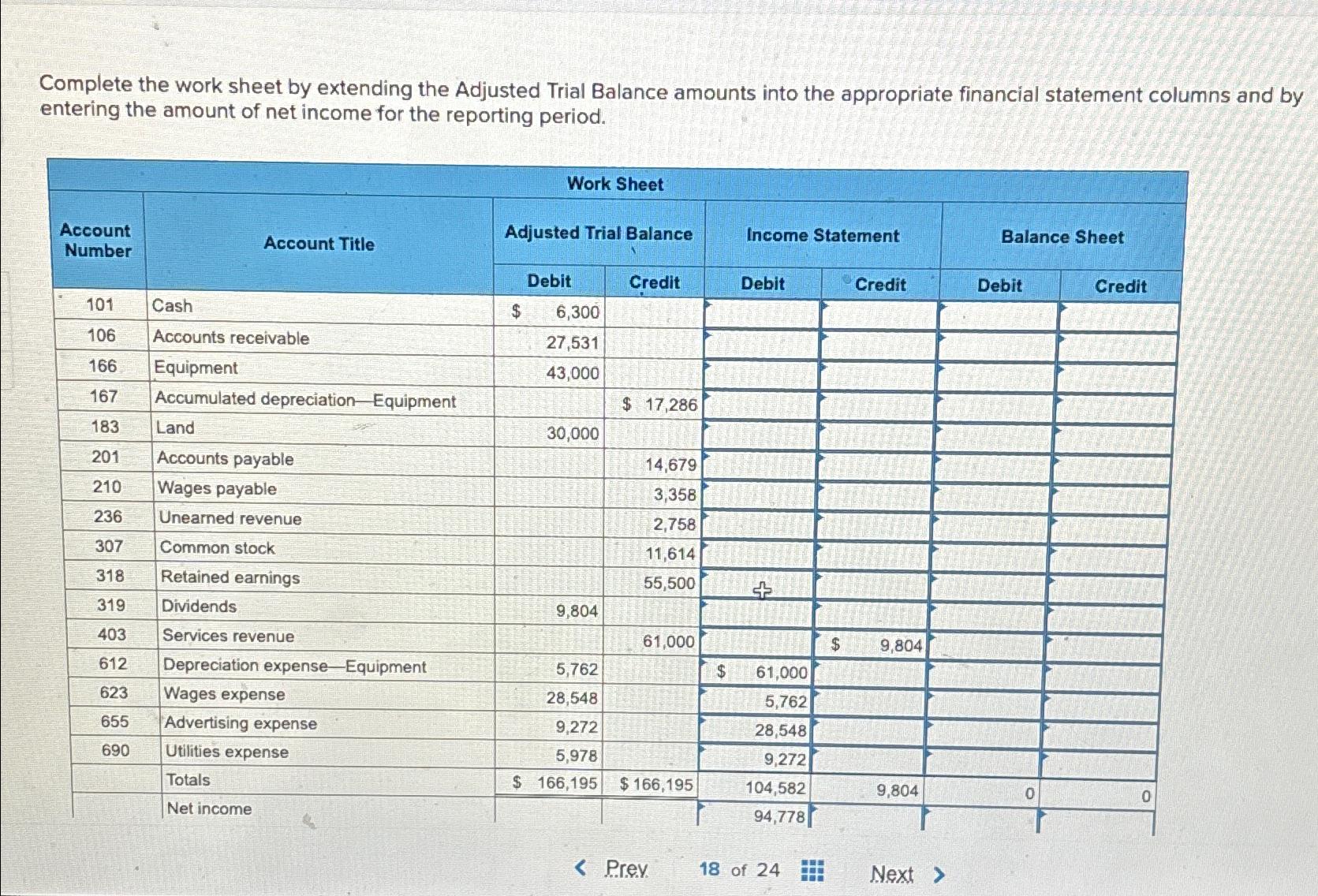  Complete the work sheet by extending the Adjusted Trial Balance amounts