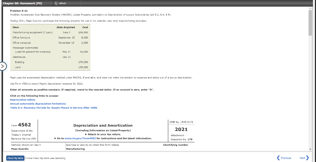 Chapter 8 - Question 11 Problem E-11 Modifed focelereted Cost Recovery 5ysten