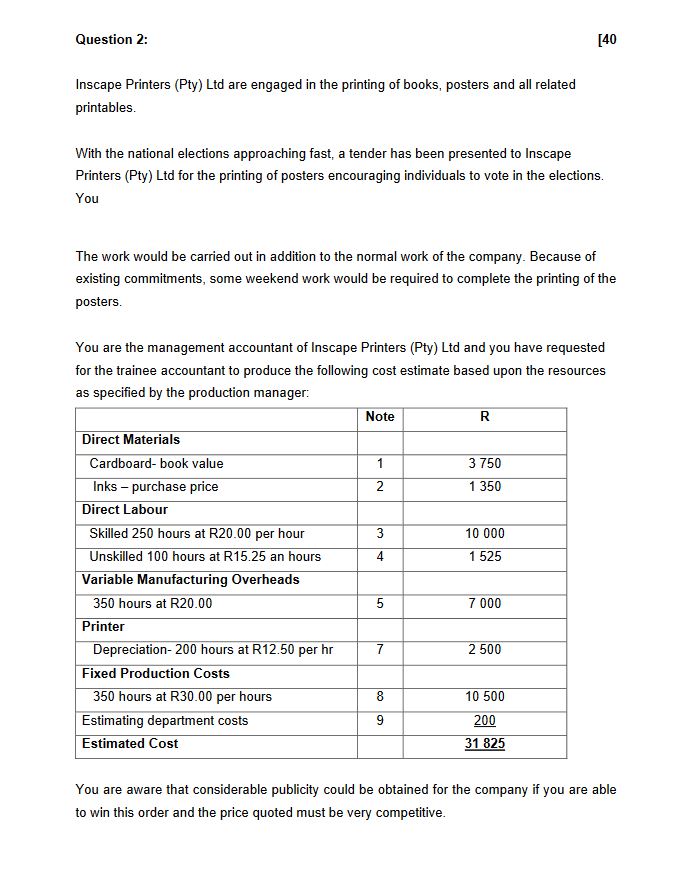  Question 2: Inscape Printers (Pty) Ltd are engaged in the printing