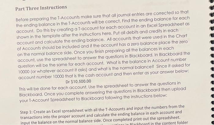 journal entries in an Excel spreadsheet. Part three consists of preparing the