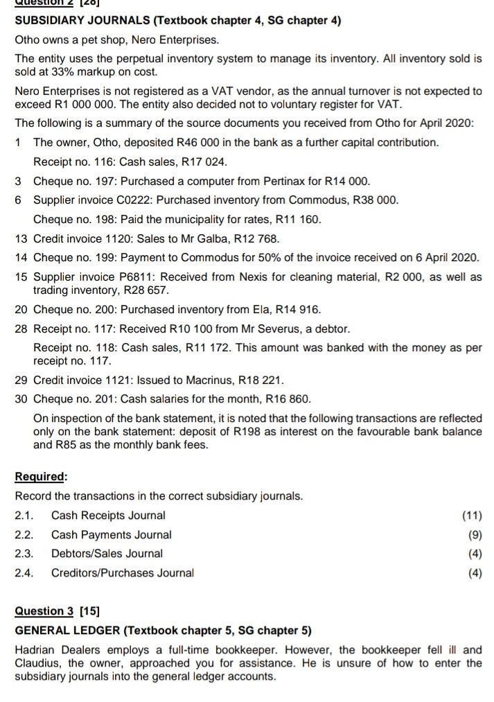  Question 2 (20) SUBSIDIARY JOURNALS (Textbook chapter 4, SG chapter 4)