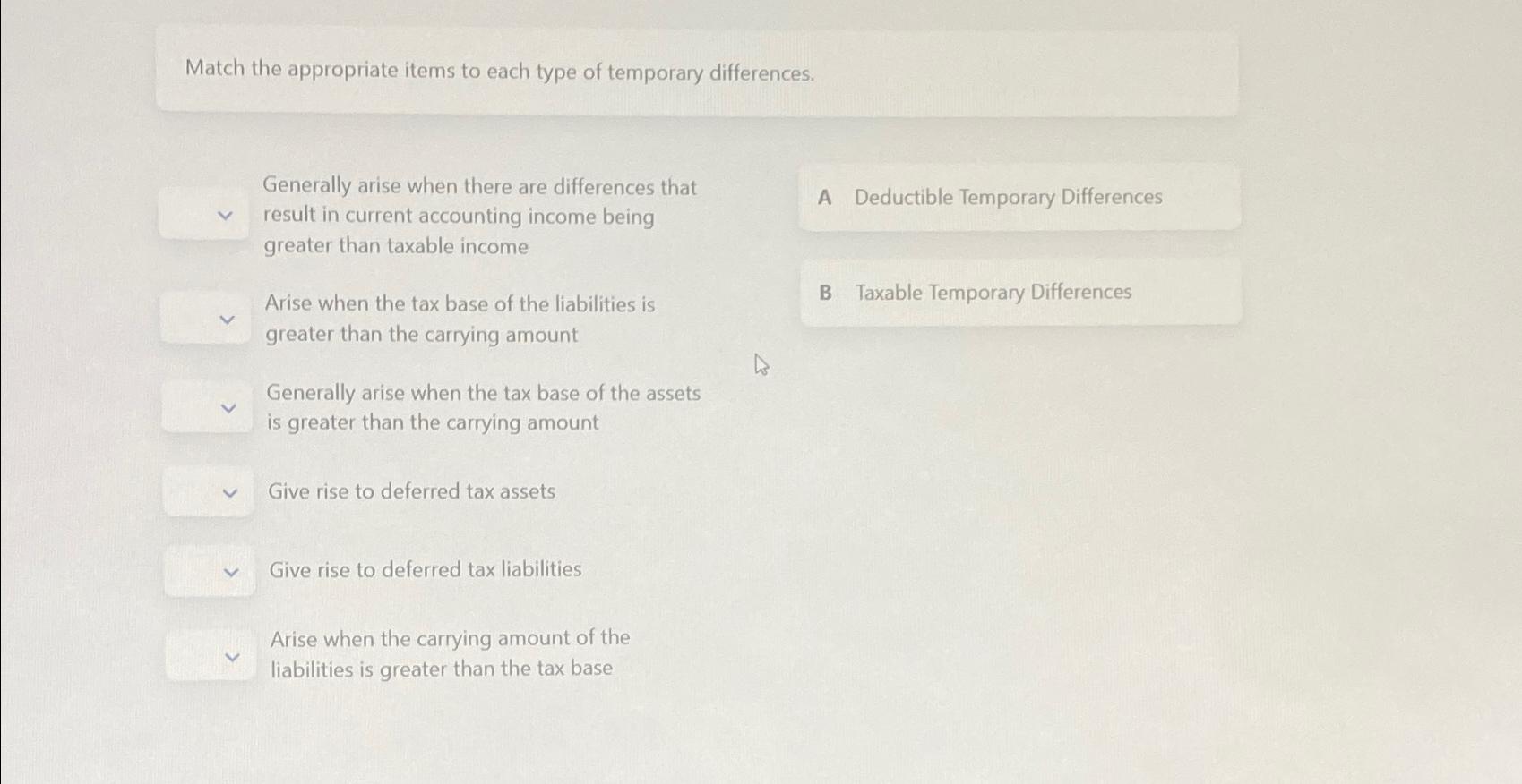  Match the appropriate items to each type of temporary differences. Generally