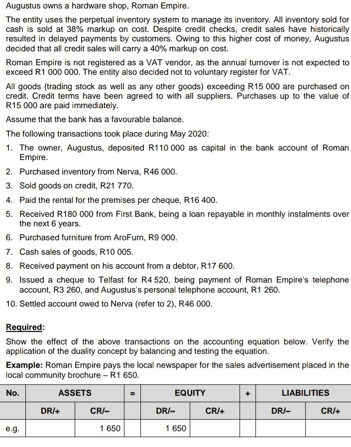 Question 1 [33] ACCOUNTING EQUATION (Textbook chapter 3, SG chapter 3) Augustus