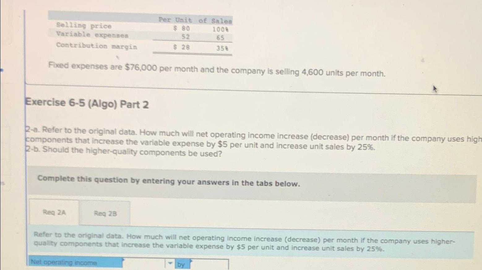  \table[[,Per Unit of Sales],[Selling price,$80,1008],[Variable expenses,52,65],[Contribution margin,$28,358]] Fixed expenses are $76,000
