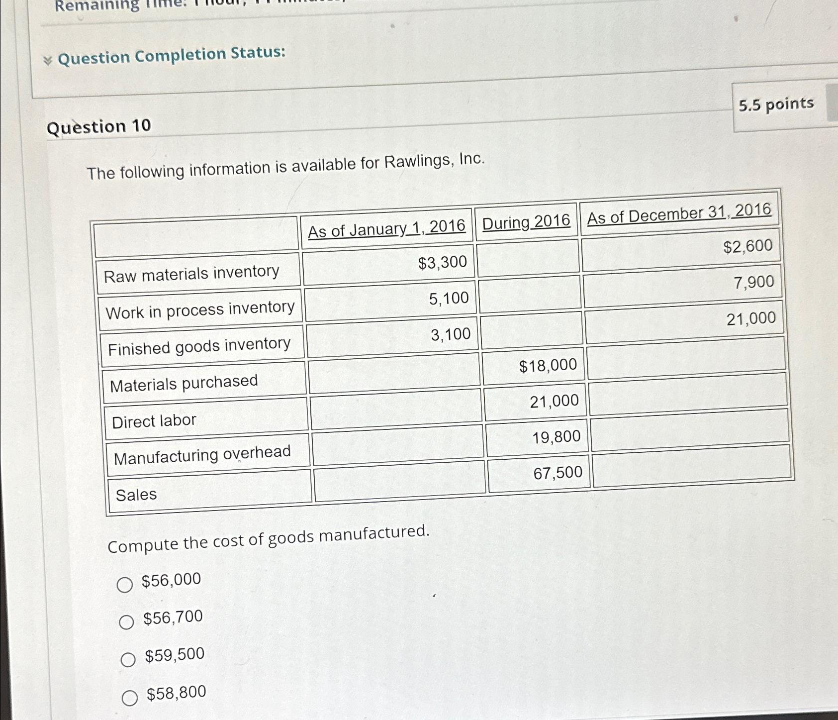  ~~ Question Completion Status: Question 10 The following information is available