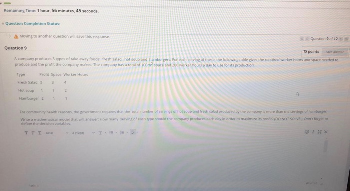  Remaining Time: 1 hour, 56 minutes, 45 seconds. Question Completion Status: