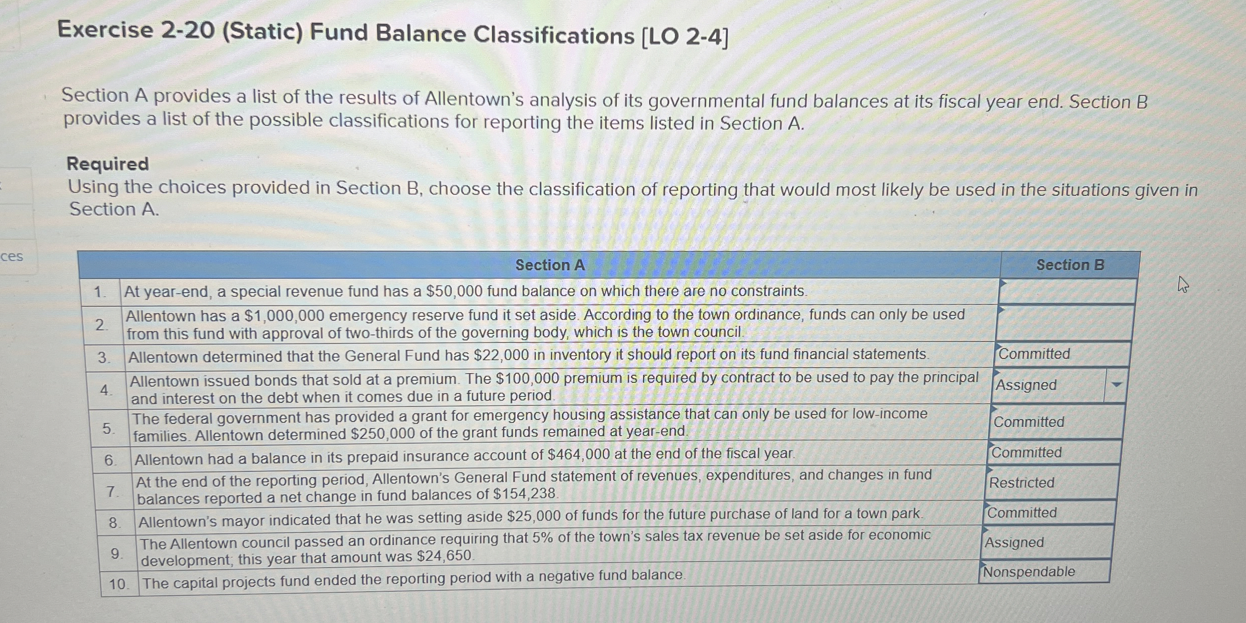  Exercise 2-20(Static) Fund Balance Classifications [LO 2-4] Section A provides a