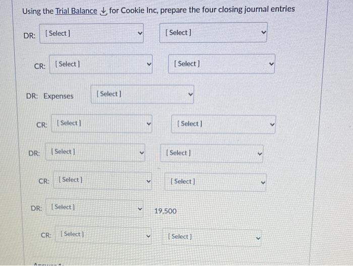  Using the Trial Balance for Cookie Inc, prepare the four closing