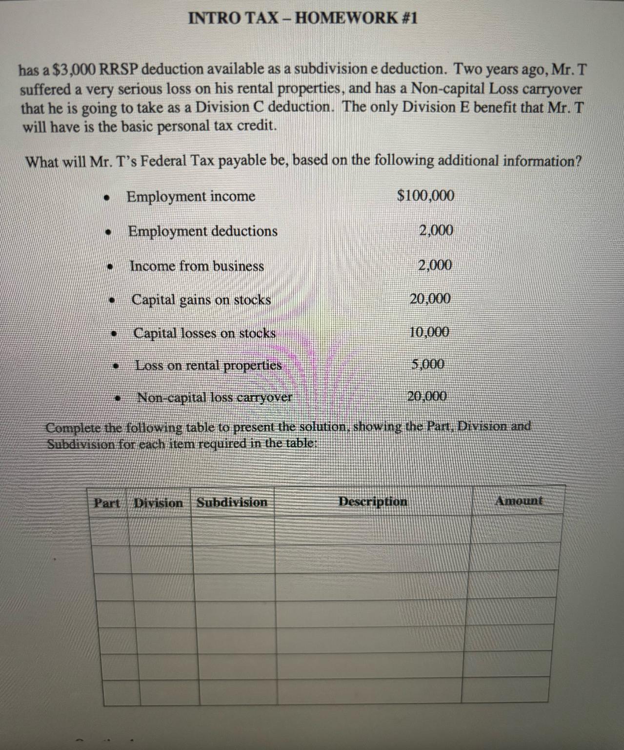 INTRO TAX - HOMEWORK #1 has a $3,000 RRSP deduction available