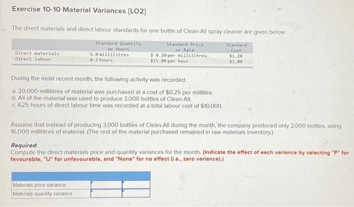  Exercise 10-10 Material Variances [LO2] The direct materials and direct labour