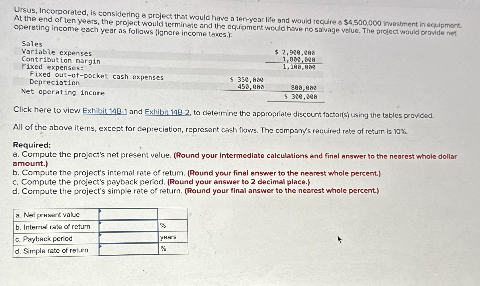  Ursus, Incorporated, is considering a project that would have a ten-year