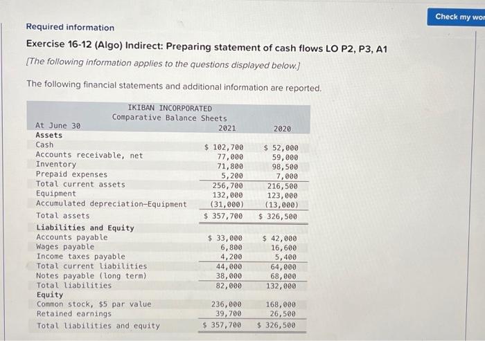 pls answer Required information Exercise 16-12 (Algo) Indirect: Preparing statement of cash