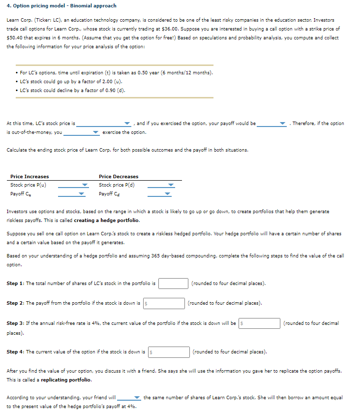 4. Option pricing model - Binomial approach Learn Corp. (Ticker: LC),