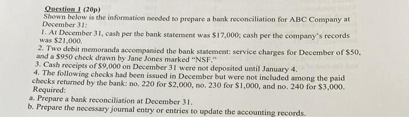  Question 1(20p) Shown below is the information needed to prepare a